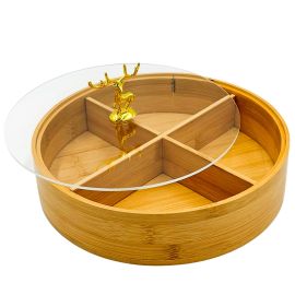 Մատուցարան Բամբուկե․ Ապակյա Կափարիչով․ Կլոր 25*25*6սմ 4 տեղ X-4600