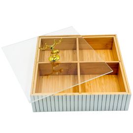 Մատուցարան Բամբուկե․ Ապակյա Կափարիչով․ Գծավոր․ Քառակուսի 22*22*6սմ 4 տեղ XZ-4589