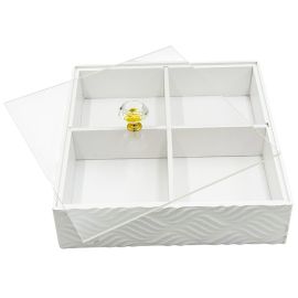 Մատուցարան Բամբուկե․ Ապակյա Կափարիչով․ Սպիտակ․ Քառակուսի 22*22*6սմ 4 տեղ XZ-4590