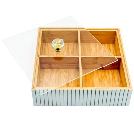 Մատուցարան Բամբուկե․ Ապակյա Կափարիչով․ Գծավոր․ Քառակուսի 22*22*6սմ 4 տեղ XZ-4588