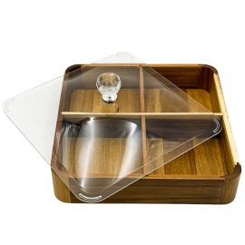 Մատուցարան բամբուկե Ապակյա կափարիչով  ՈՒռուցիկ Քառակուսի 28*28*6սմ 4 տեղ XZ-4613