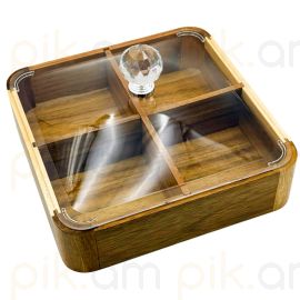 Մատուցարան բամբուկե Ապակյա կափարիչով ՈՒռուցիկ  Քառակուսի 23*23*6սմ 4 տեղ XZ-4612